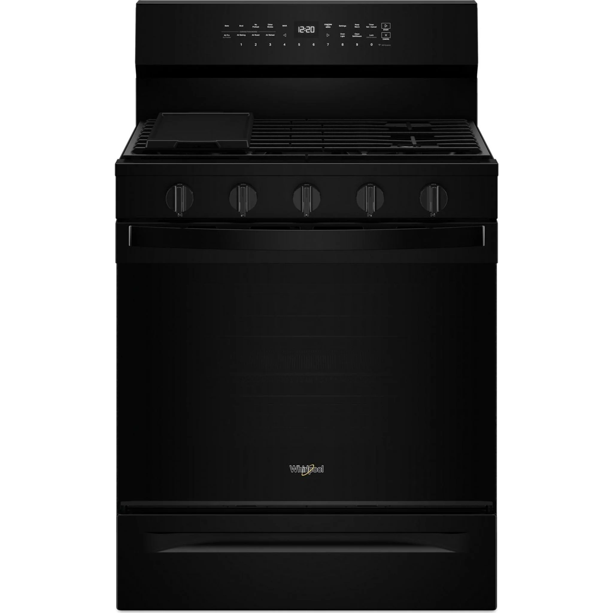 Whirlpool 30-inch Smart Gas Range with Air Cooking Technology, Steam/Self Cleaning, Rapid Preheat 5.3 CuFt Capacity -Black (WFGS7530RB)