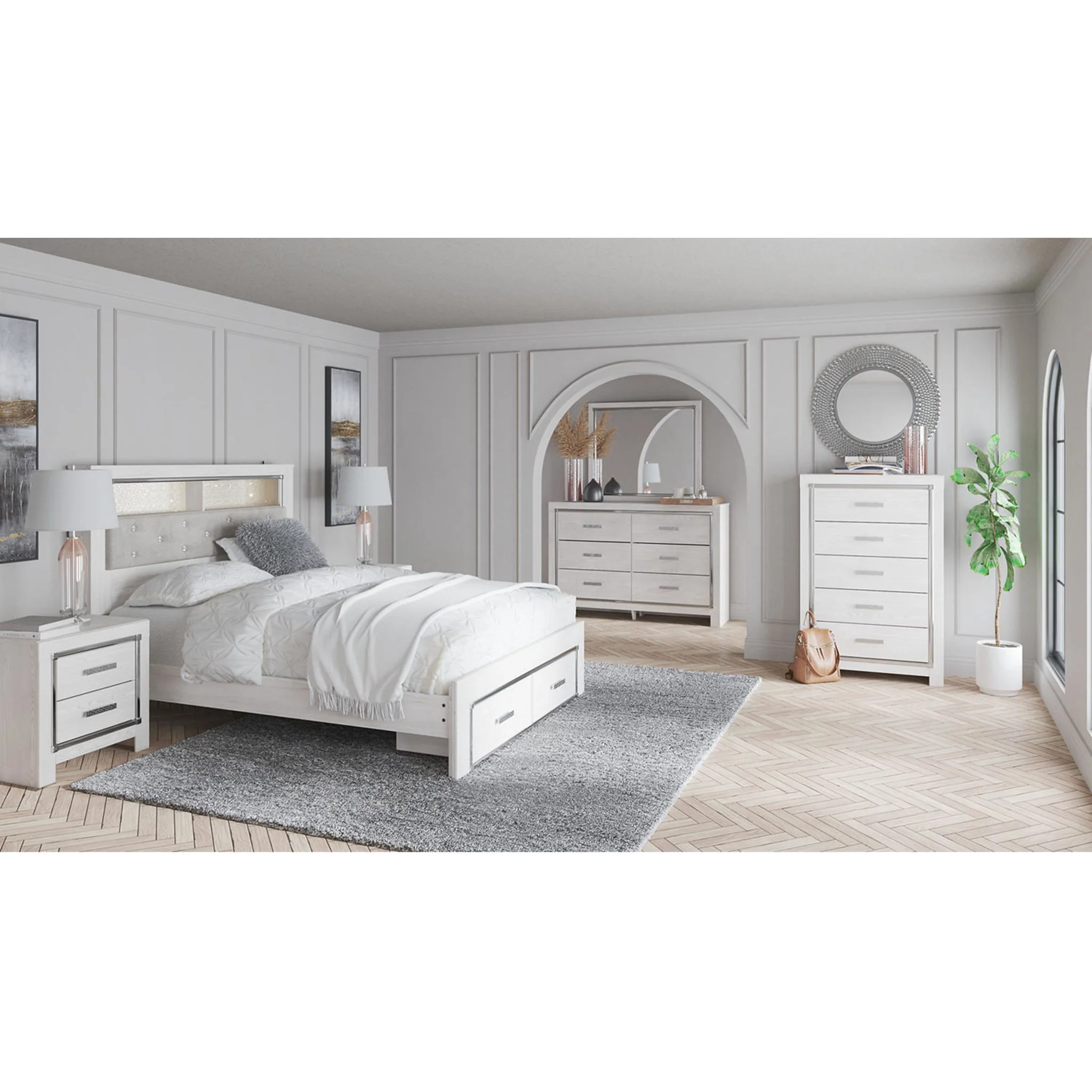 Altyra King Upholstered Bookcase Bed with Storage - White - Image 3