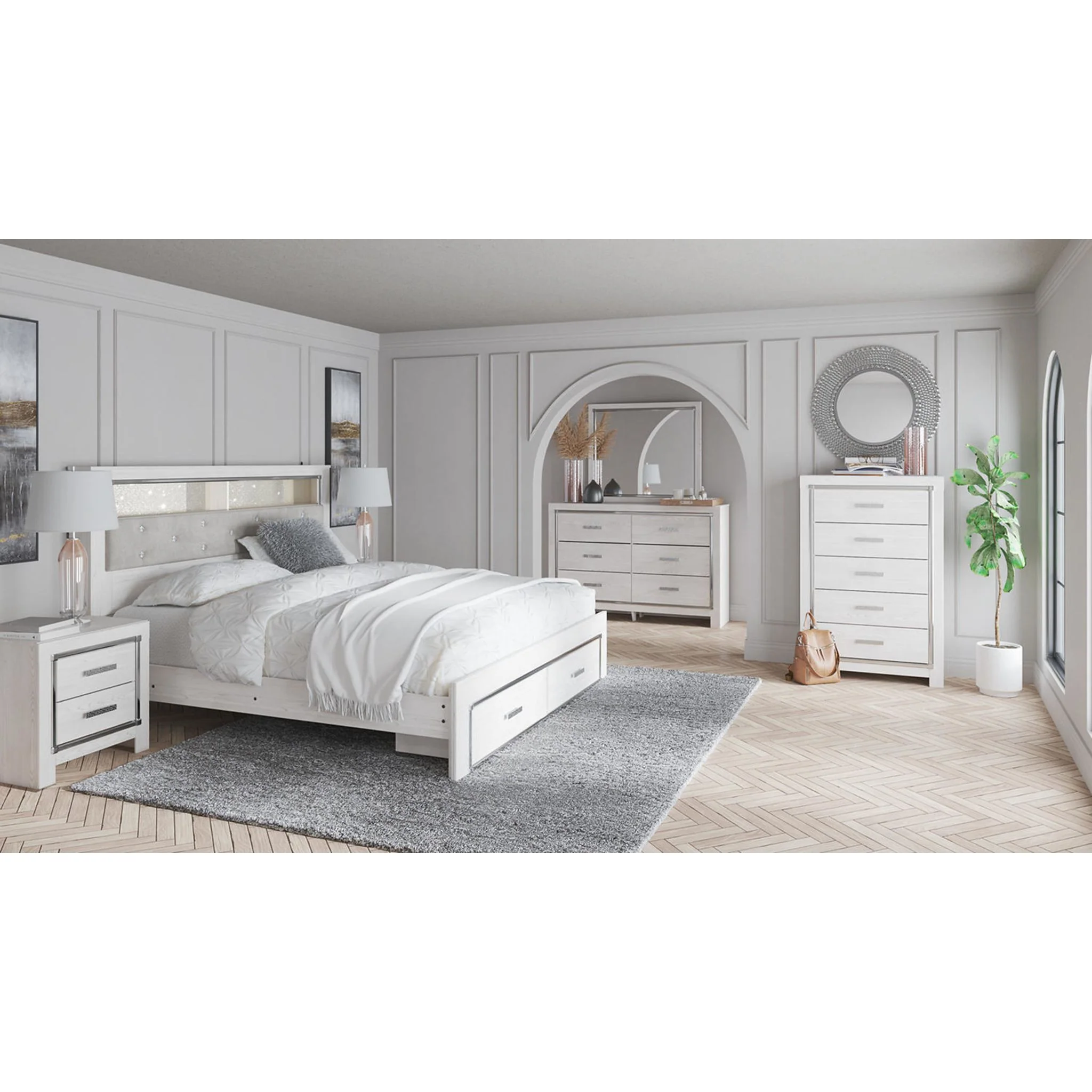 Altyra King Upholstered Bookcase Bed with Storage - White - Image 33