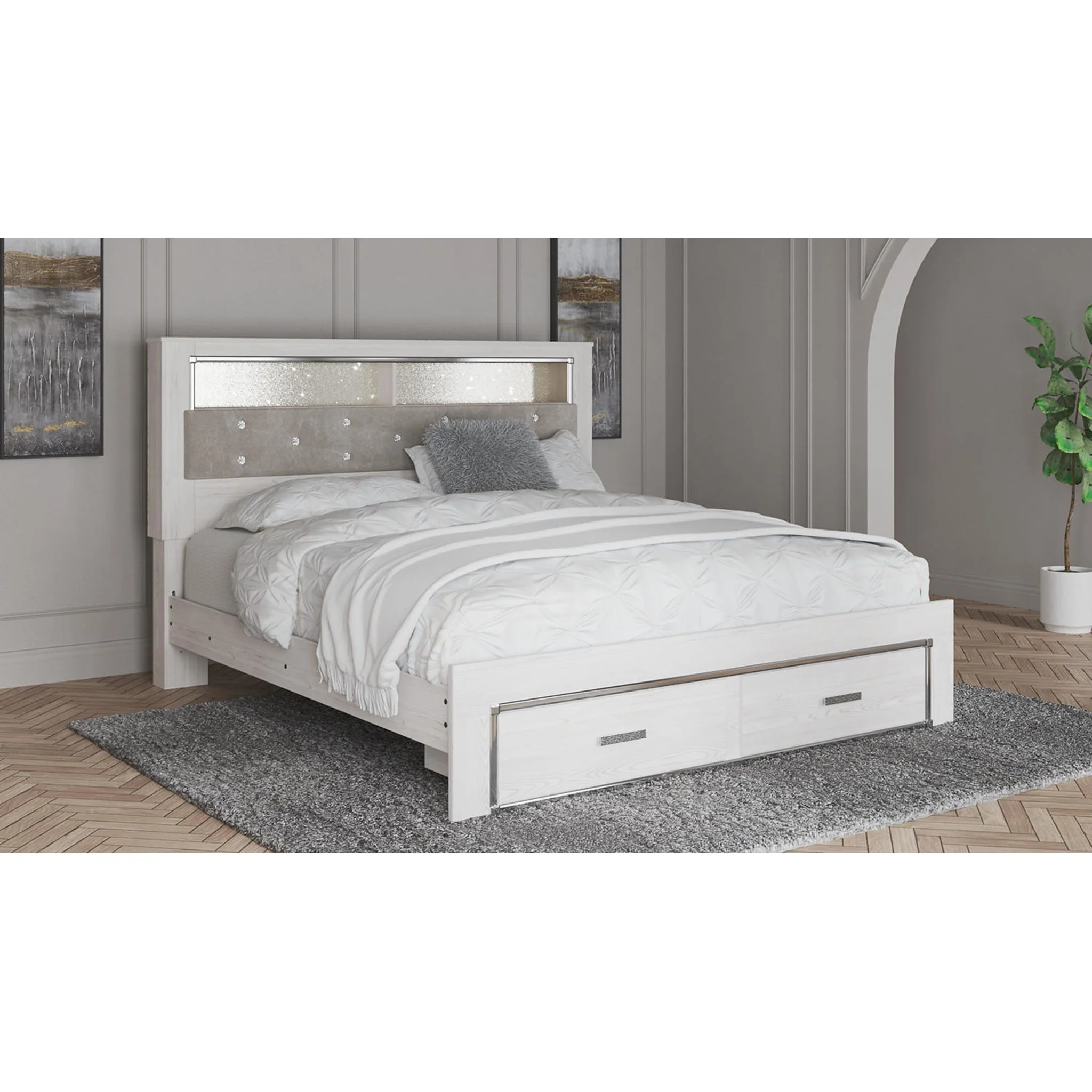 Altyra King Upholstered Bookcase Bed with Storage - White - Image 42