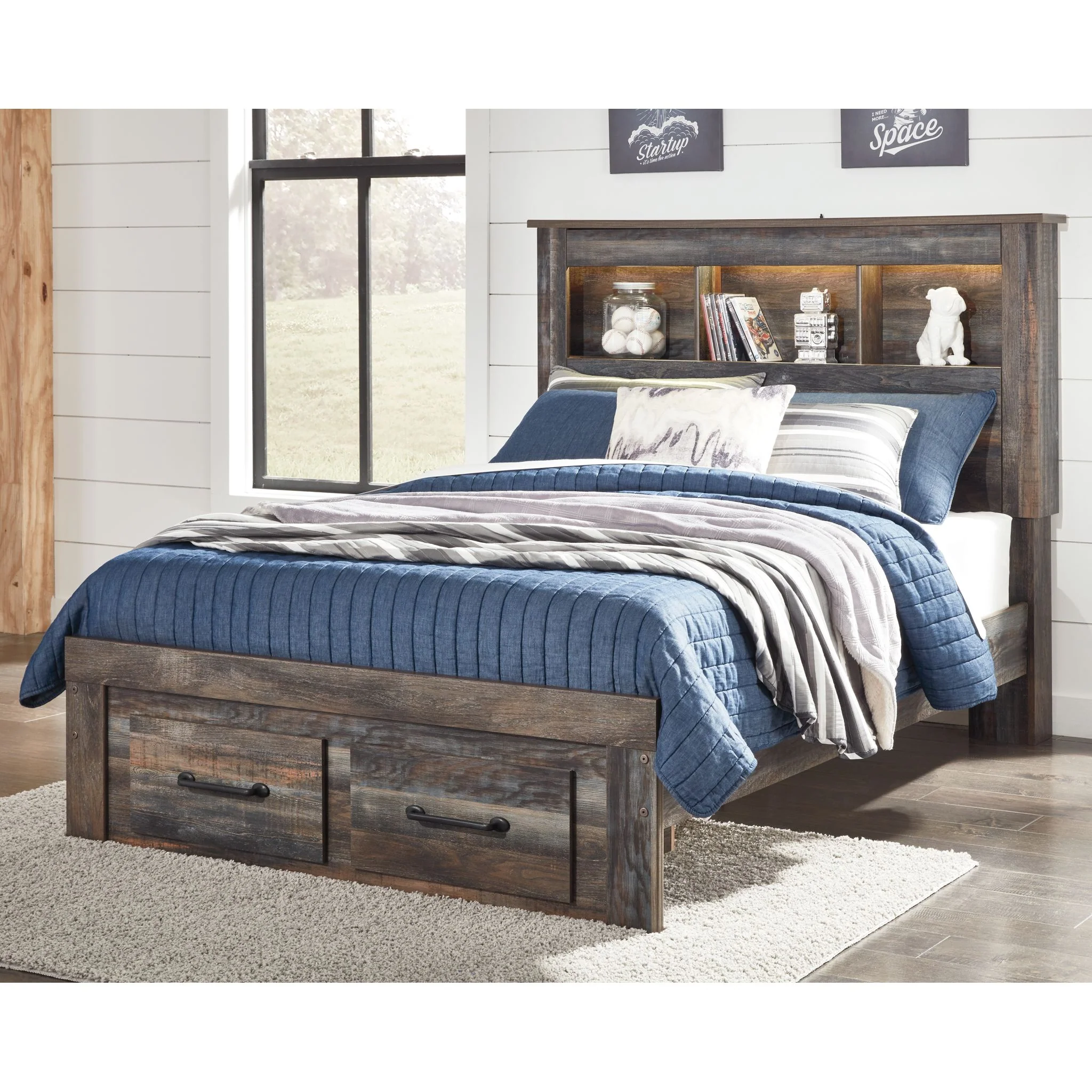 Drystan Full Bookcase Bed with Footboard Storage - Multi - Image 2