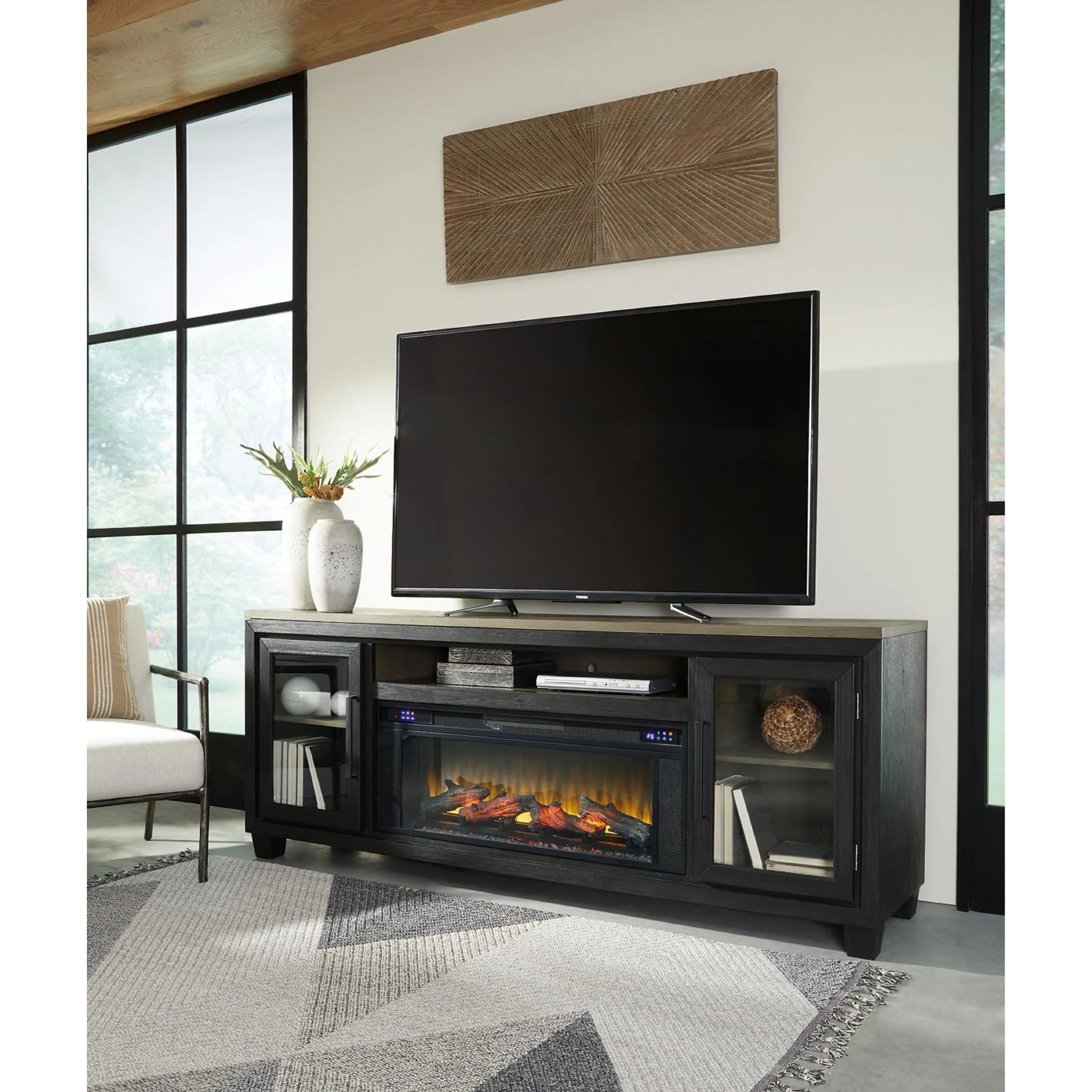 Foyland TV Stand with Fireplace - Black/Brown - Image 10