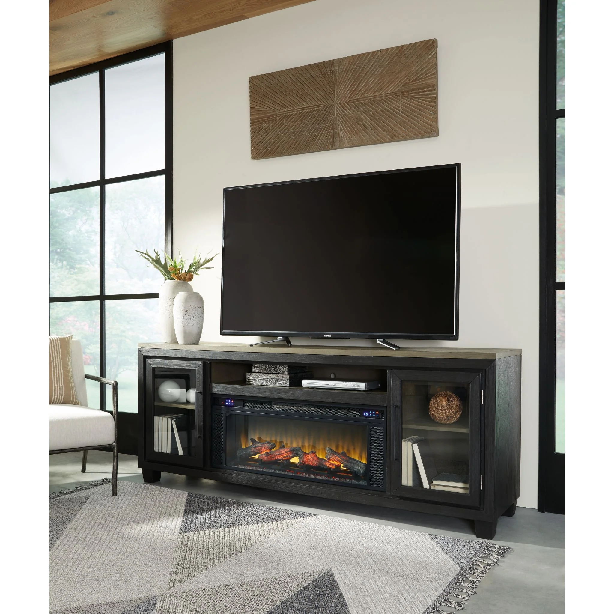 Foyland TV Stand with Fireplace - Black/Brown - Image 2