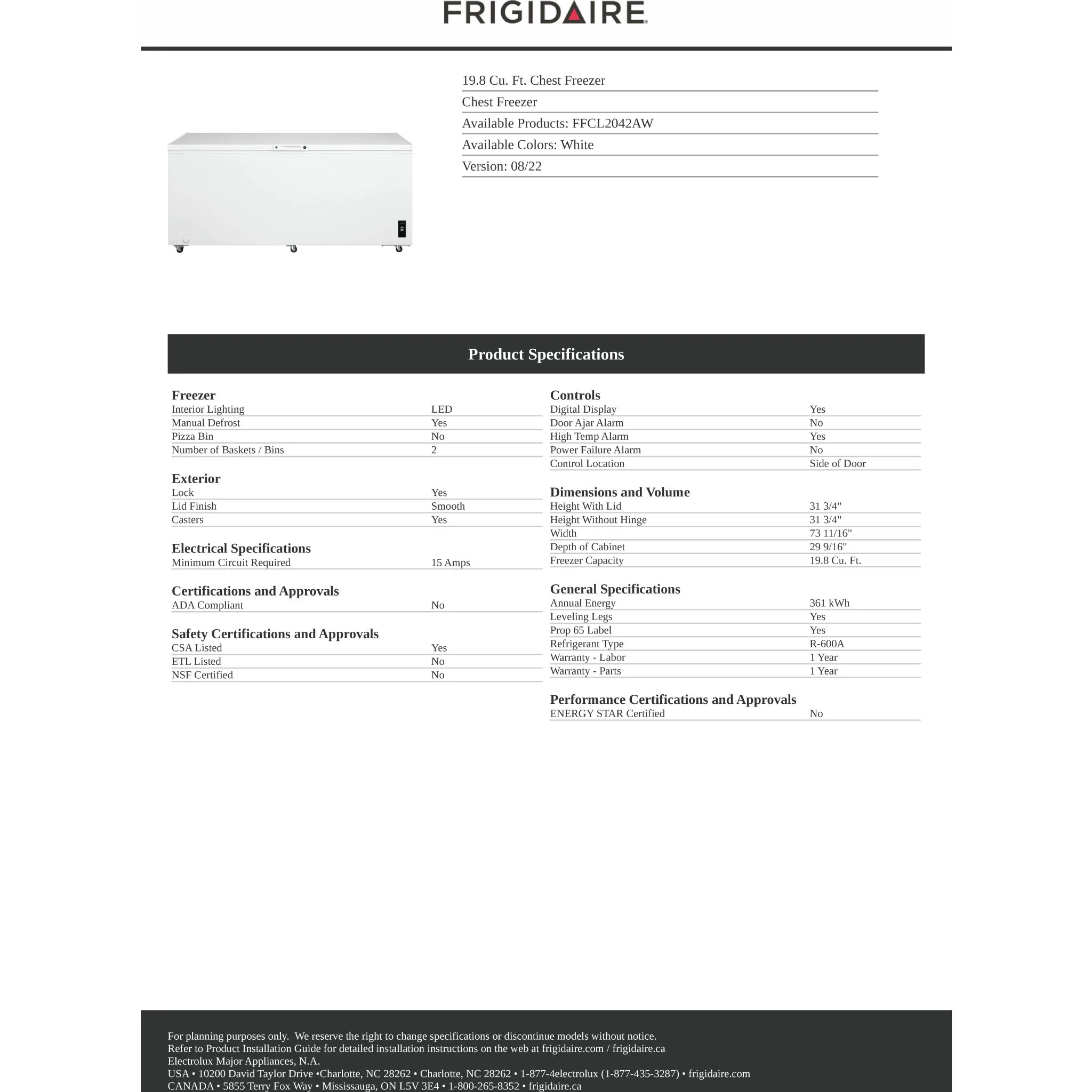 Frigidaire 20 Cu. Ft. Garage Ready Chest Freezer - White ( FFCL2042AW ) - Image 9