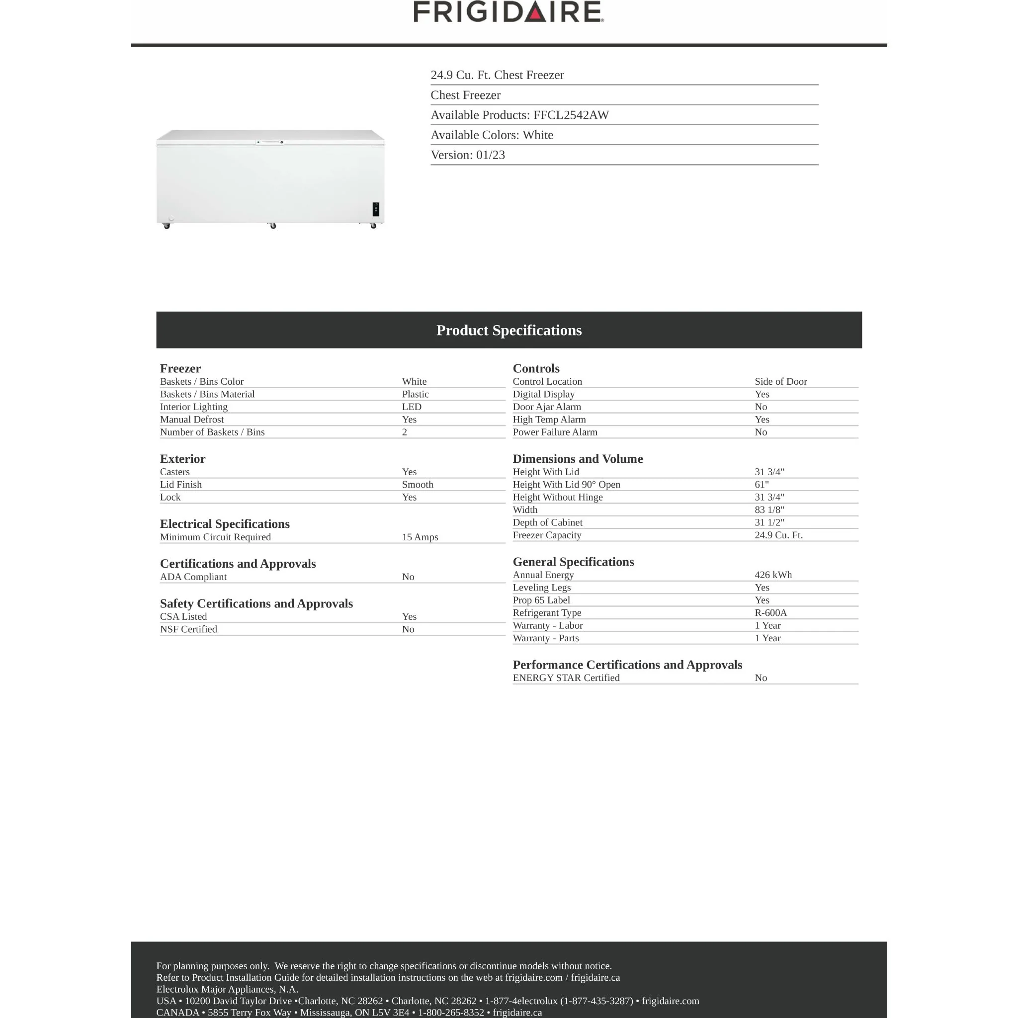 Frigidaire 25 Cu. Ft. Garage Ready Chest Freezer - White ( FFCL2542AW ) - Image 9