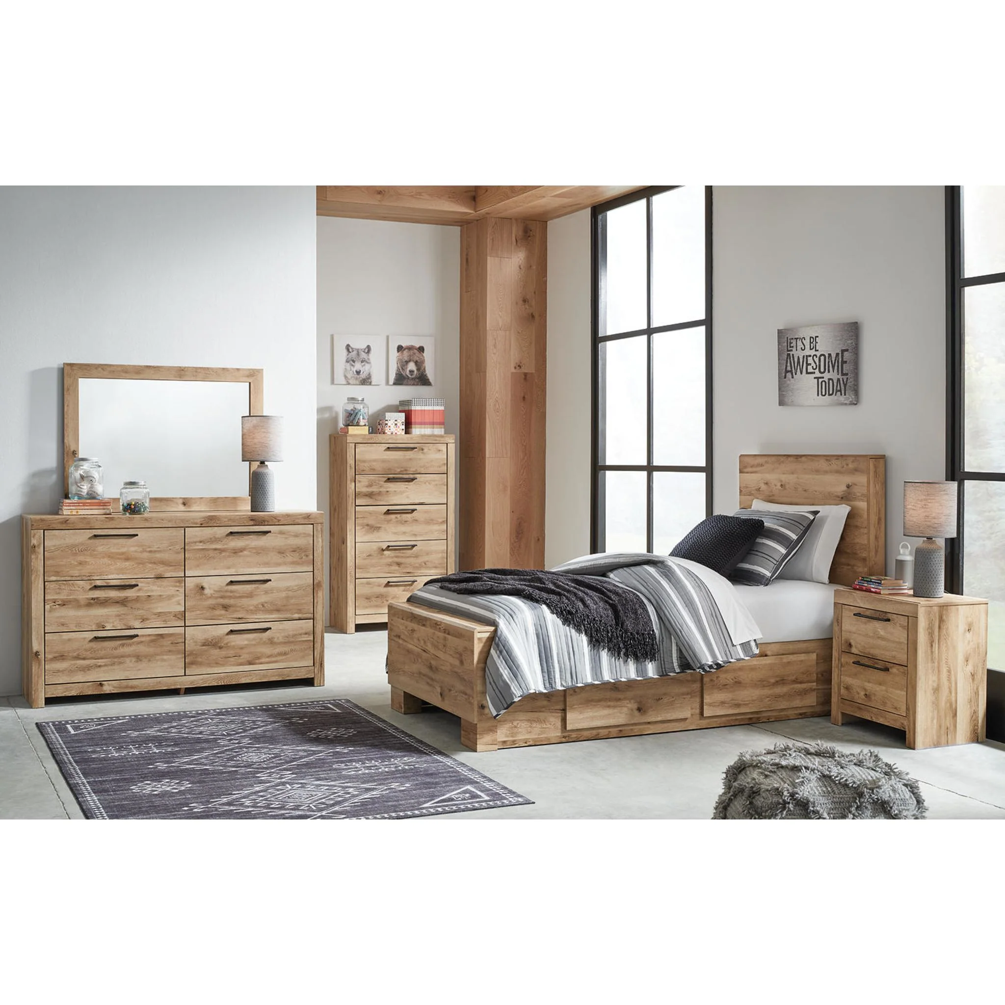 Hyanna 6 Piece Bed with 2 Drawer Storage Bedroom - Tan Brown - Image 3