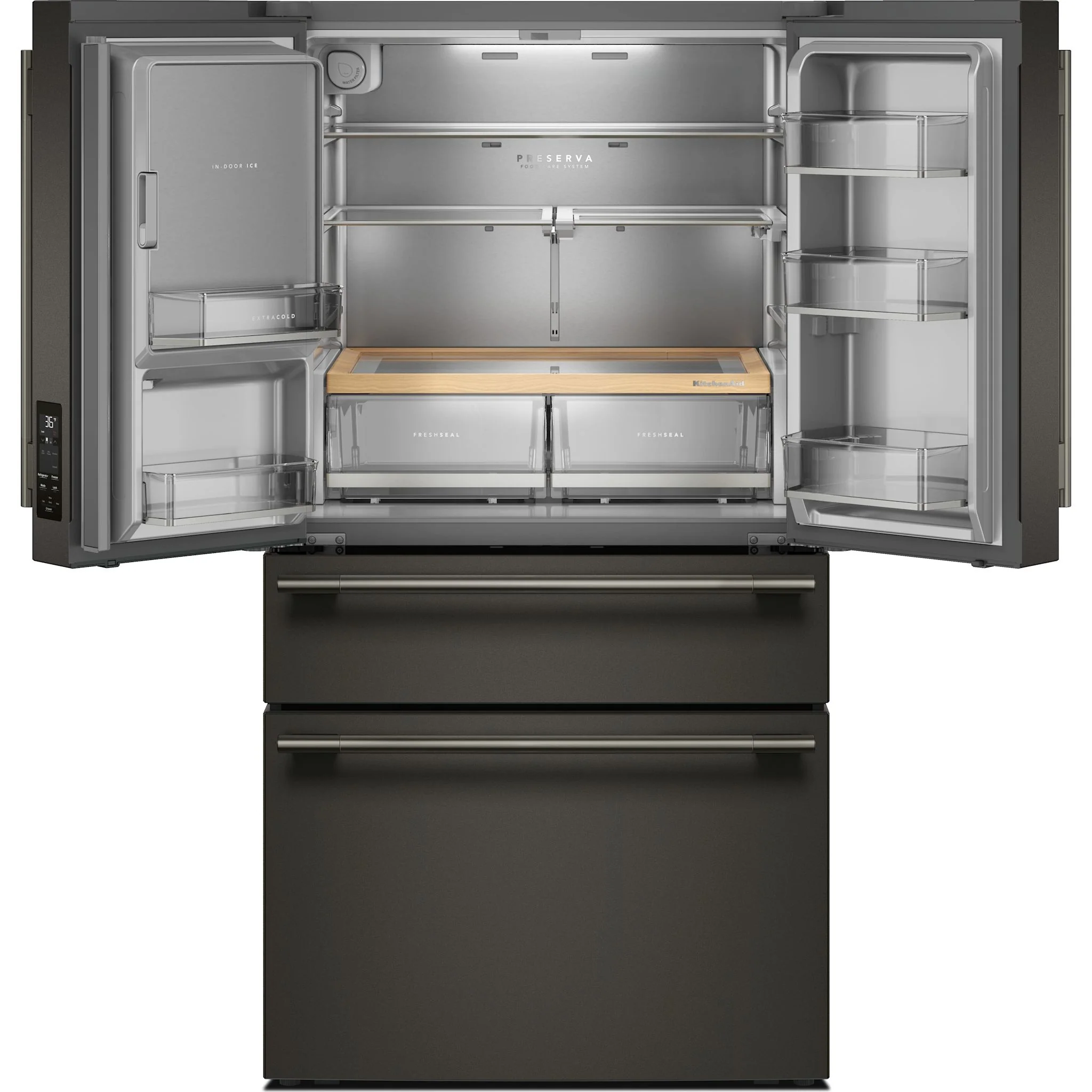KitchenAid 29 cu. ft. French Door Refrigerator with Exterior Water and Ice and FreshChillFull-Width Refrigerated Drawer -Black Ore (KRMF436SBE) - Image 4