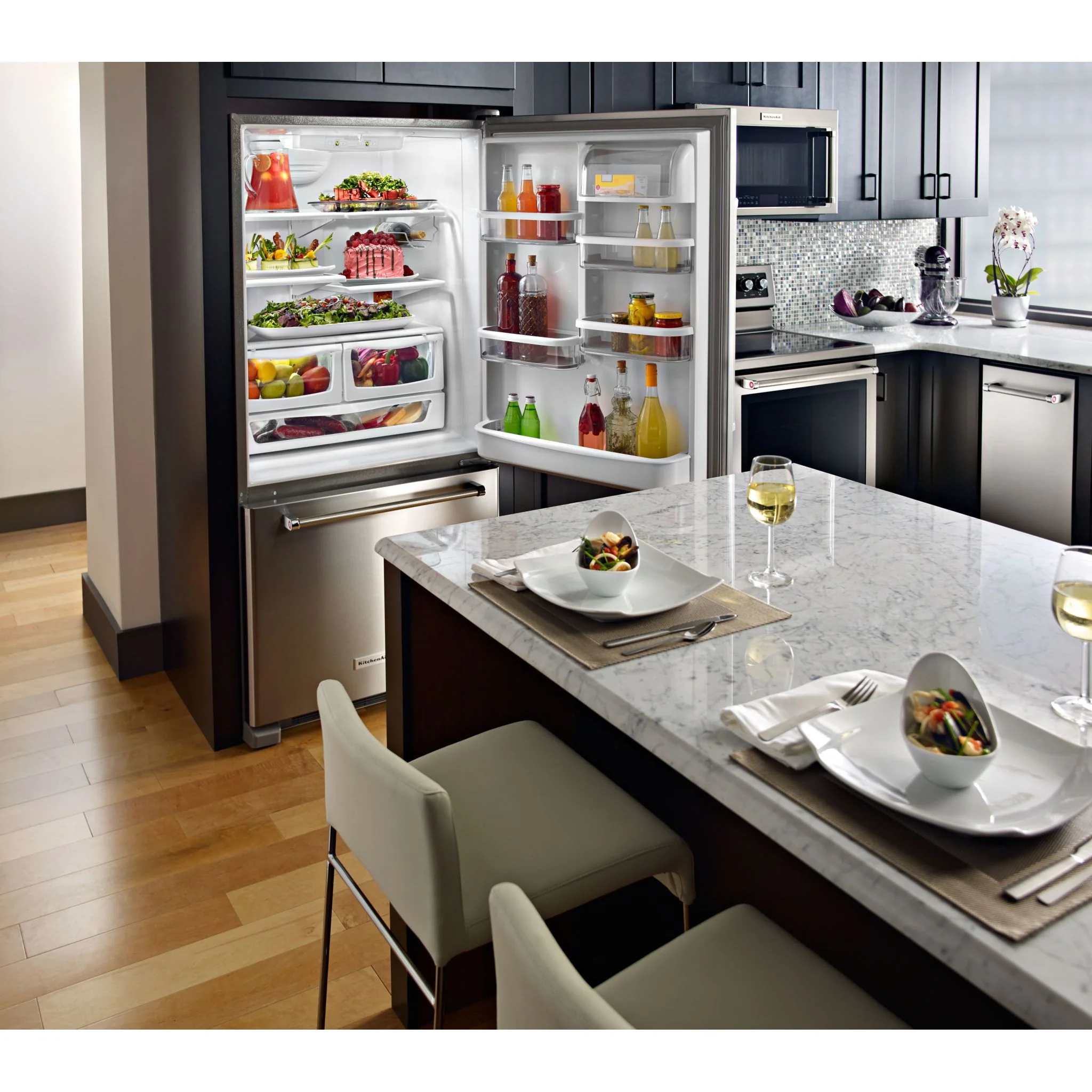 KitchenAid 22 cu.ft. 33" Width Full Depth Non Dispense Bottom Mount Refrigerator - Stainless Steel (KRBR102ESS) - Image 4