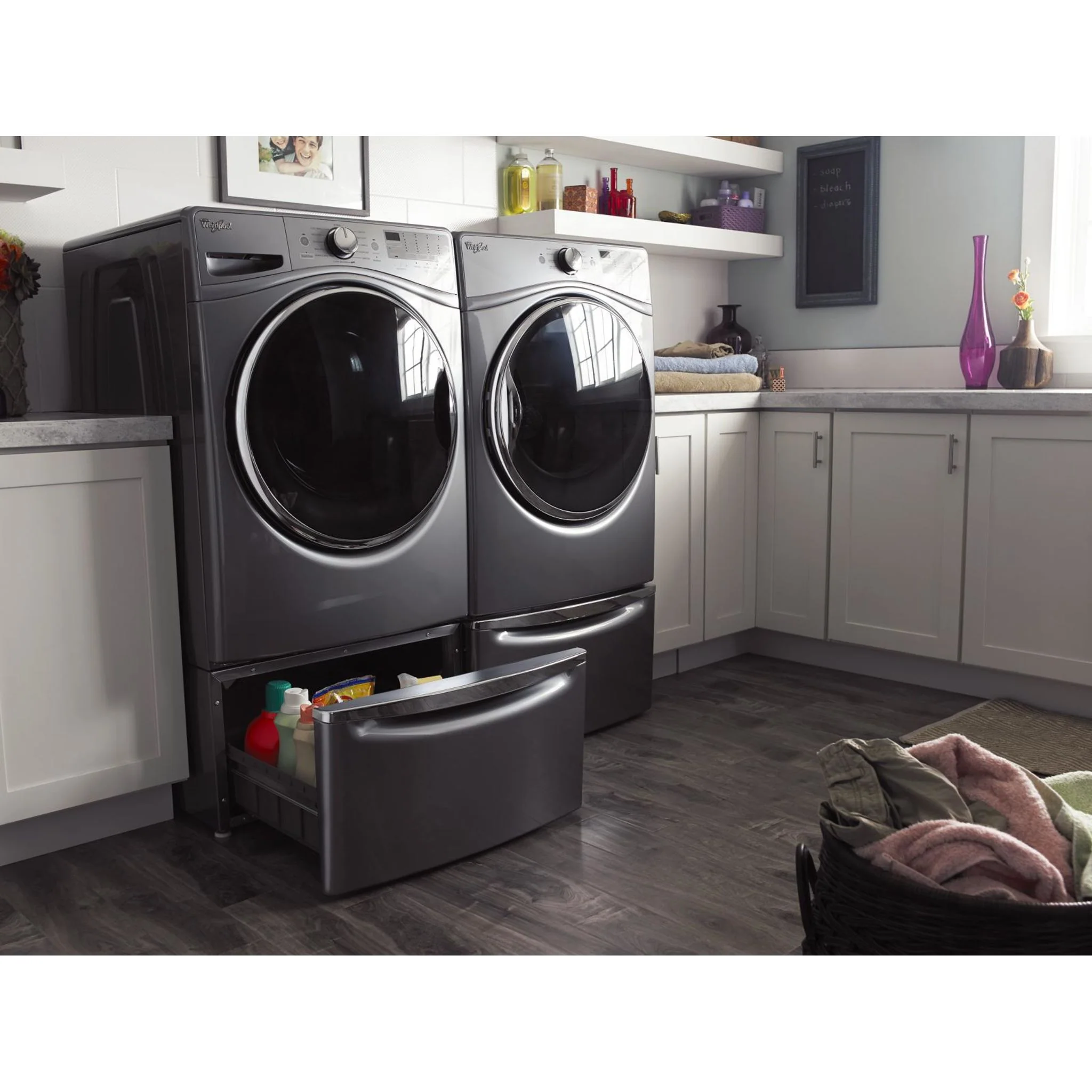 Whirlpool 15.5" (39.4 cm) Pedestal for Front Load Washer and Dryer with Storage -White with Chrome (XHPC155XW) - Image 128