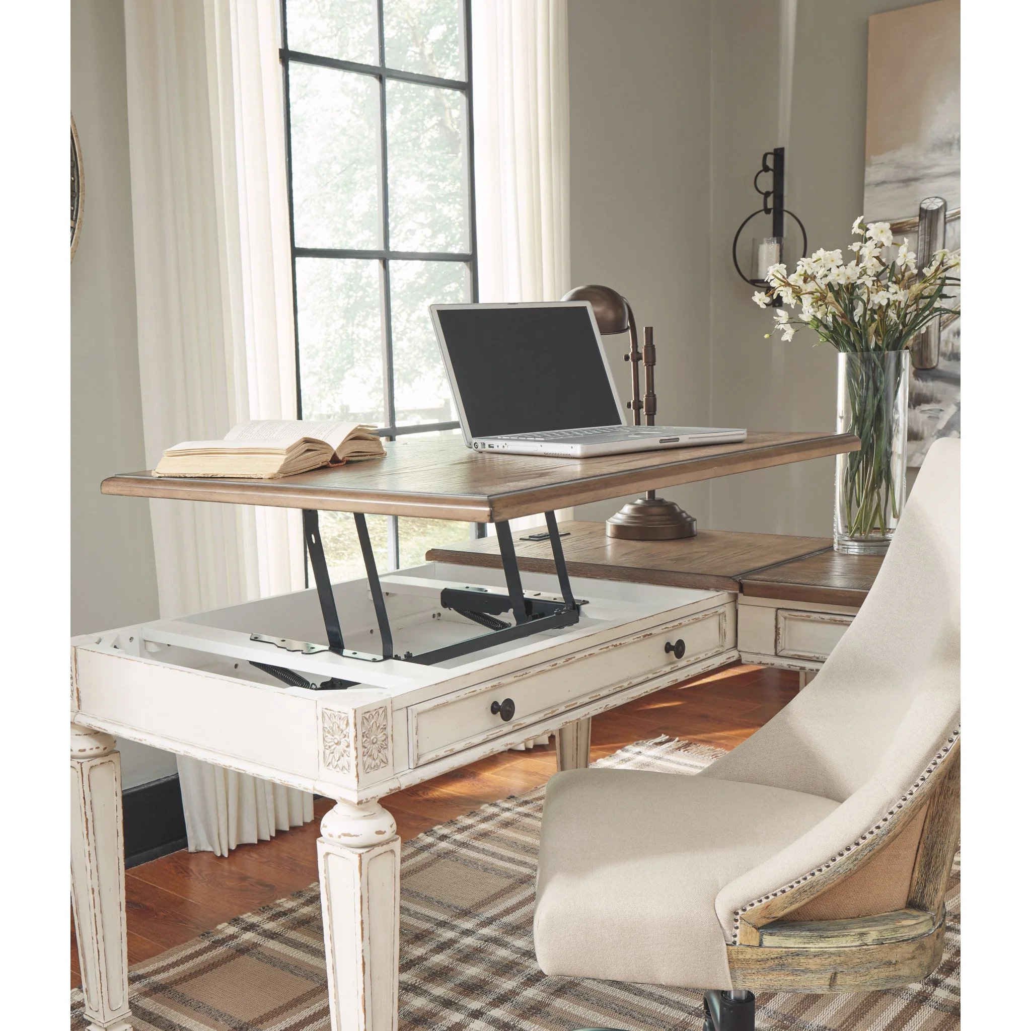 Realyn Lift Top Desk with Return - White/Brown - Image 3