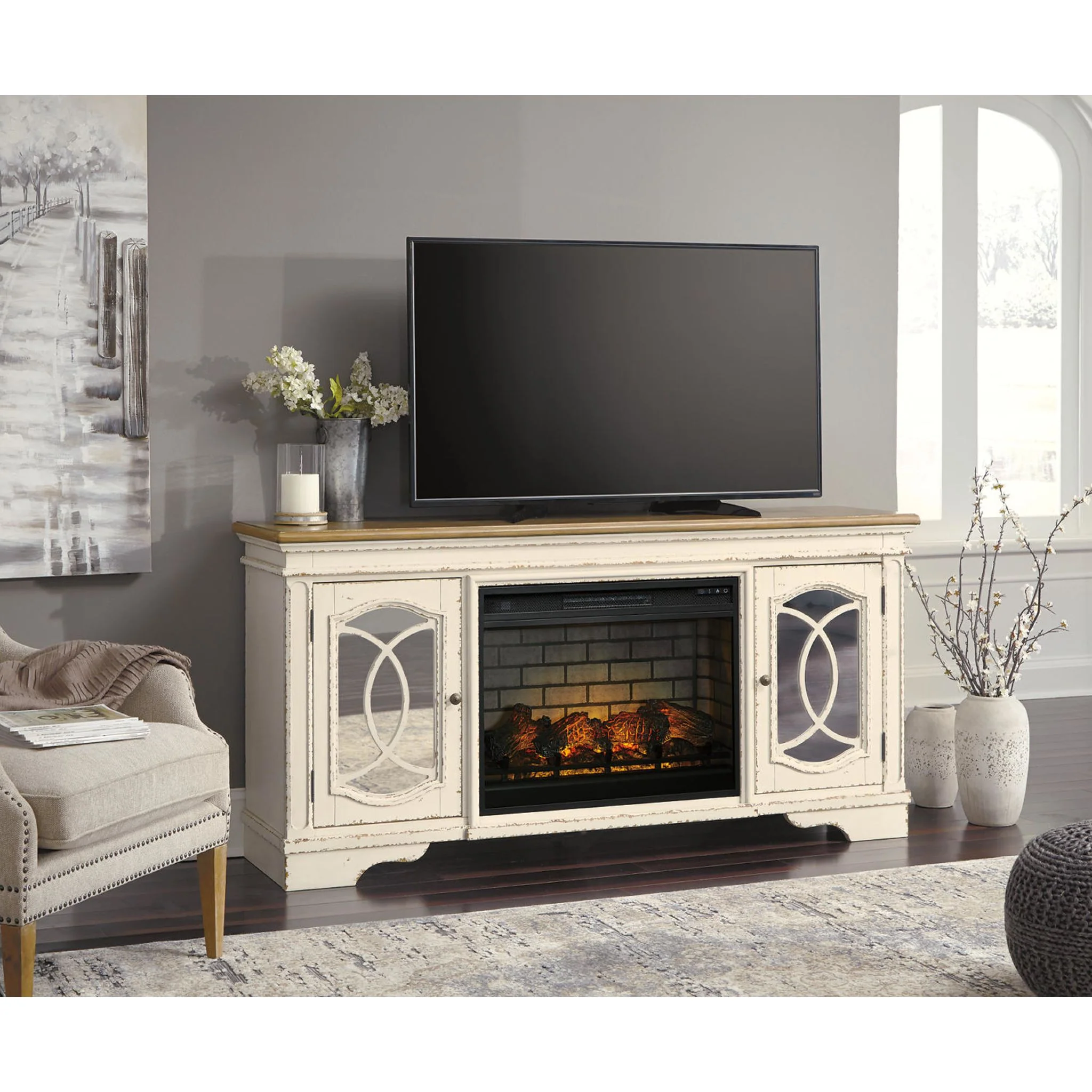 Realyn TV Stand with Fireplace - Chipped White - Image 10