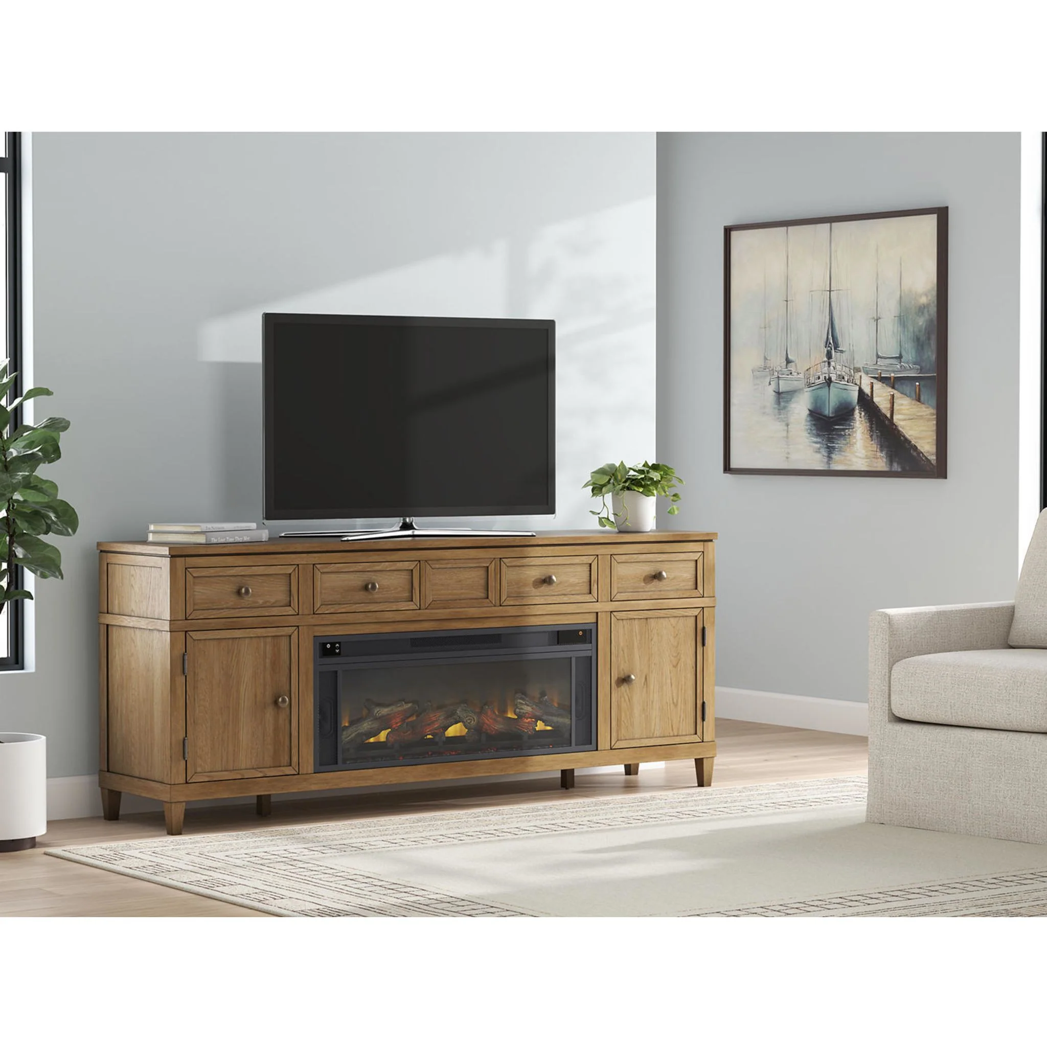 Sharlance TV Stand with Fireplace - Light Brown - Image 6