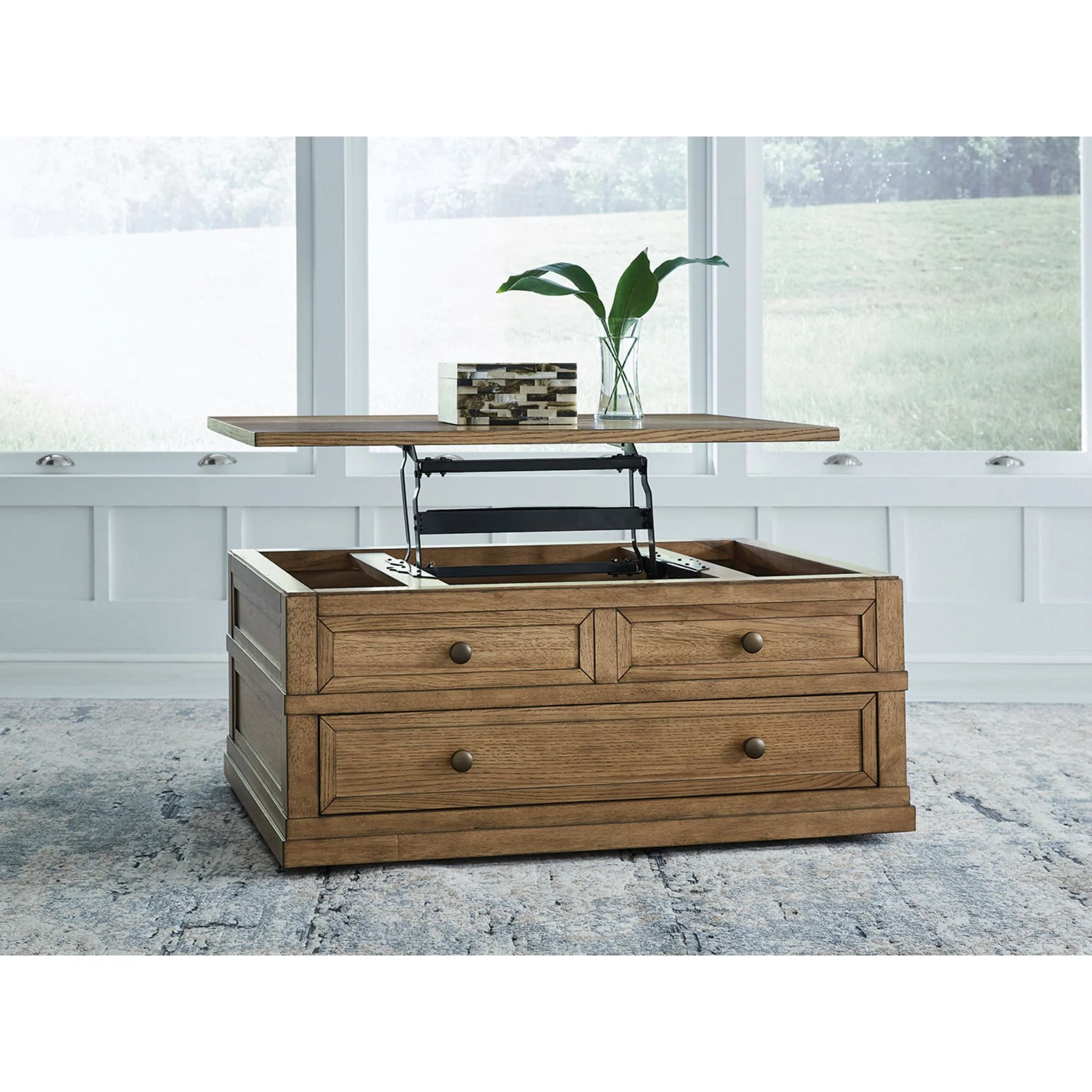 Sharlance Rectangle Lift Cocktail Table - Light Brown - Image 11