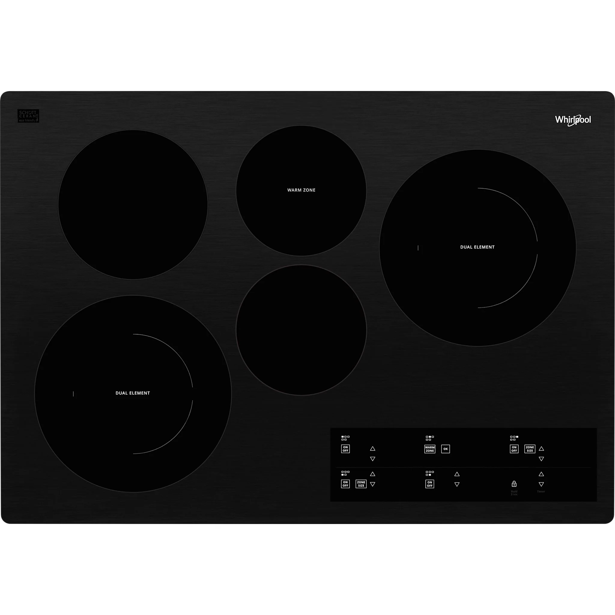 Whirlpool 30-inch Electric Ceramic Glass Cooktop with Two Dual Radiant Elements -Black (WCE97US0KB)