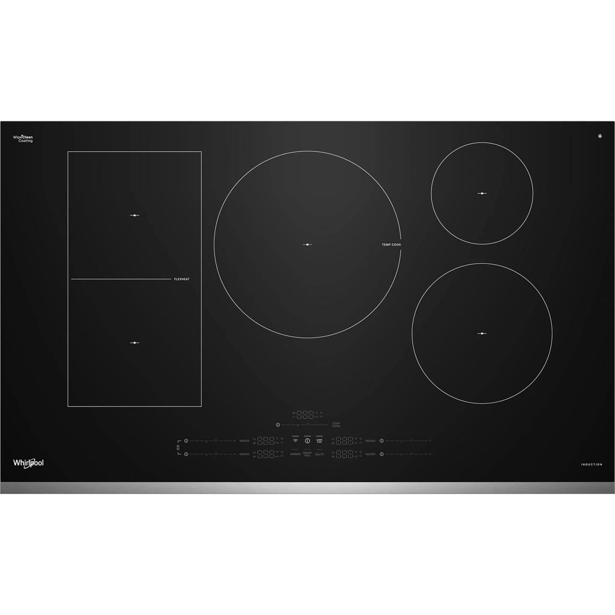 Whirlpool 36" Intelligent Induction Cooktop with Temp CookTechnology and WipeCleanCoating -Blk Glass Touch Ctrl w SS side (WCIT7536SS)
