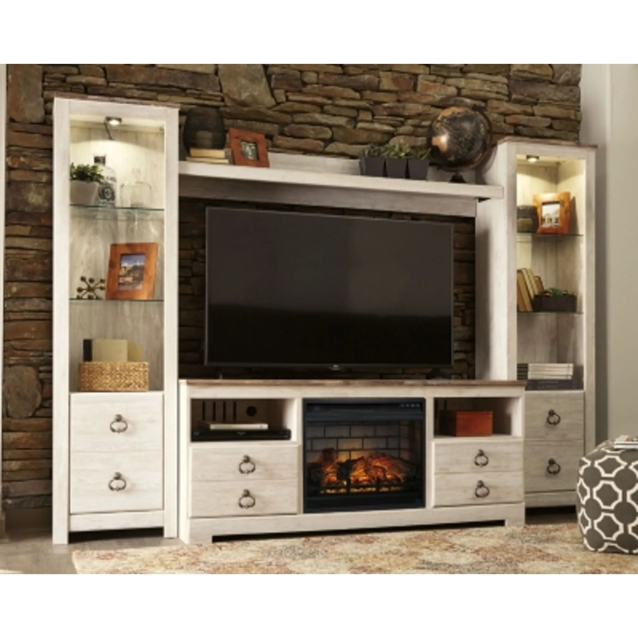 Willowton Entertainment Unit with Fireplace - Whitewash - Image 2