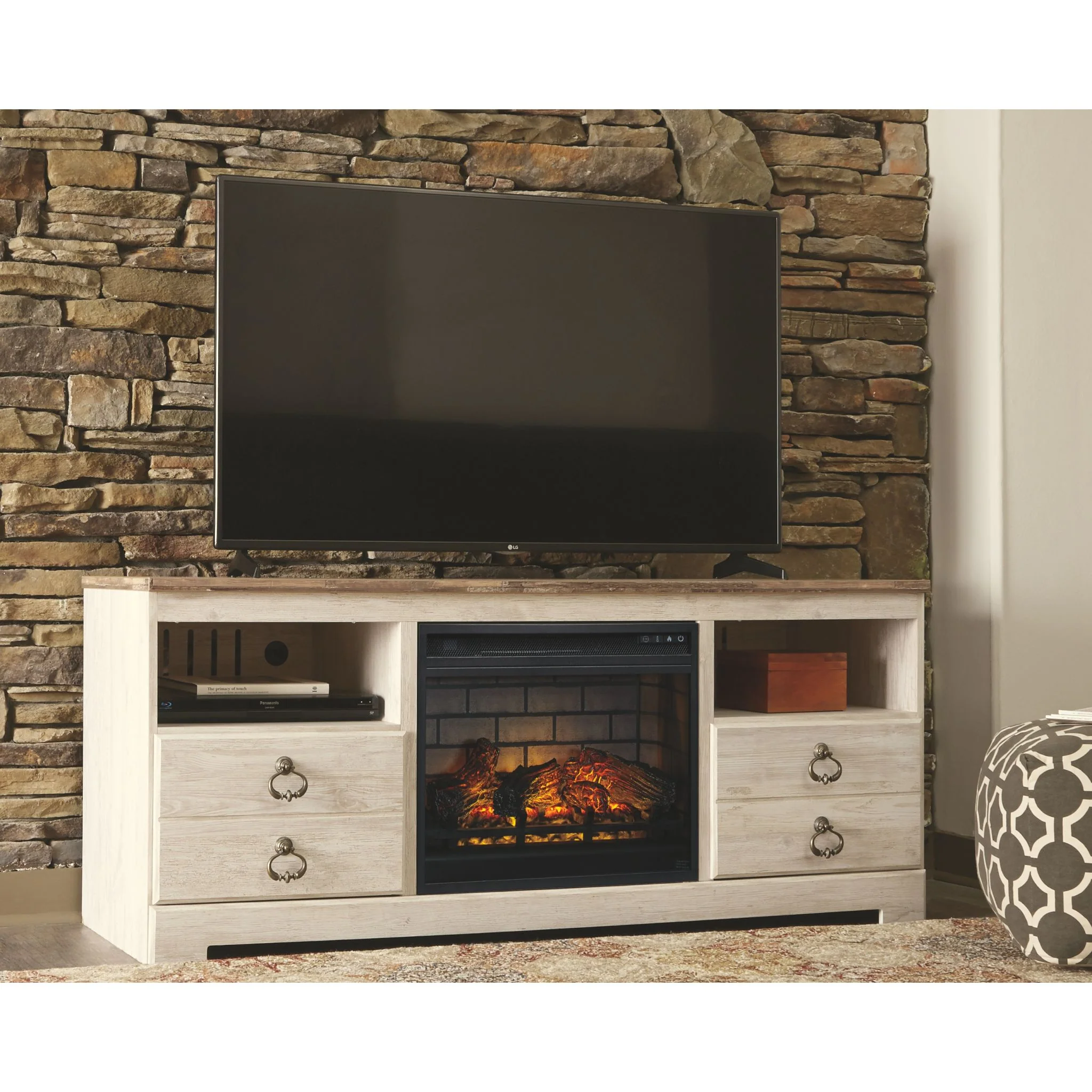 Willowton TV Stand with Fireplace - Whitewash - Image 2