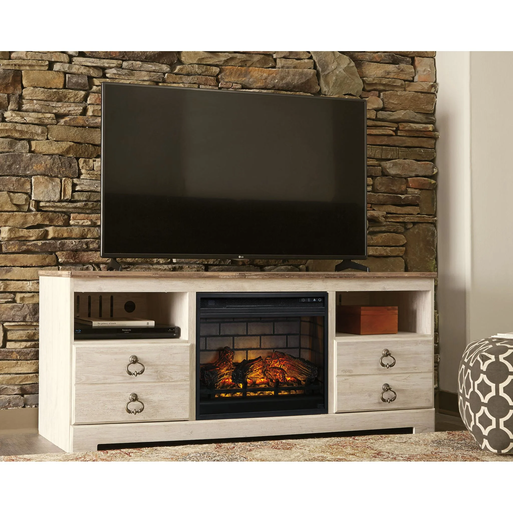 Willowton TV Stand with Fireplace - Whitewash - Image 7