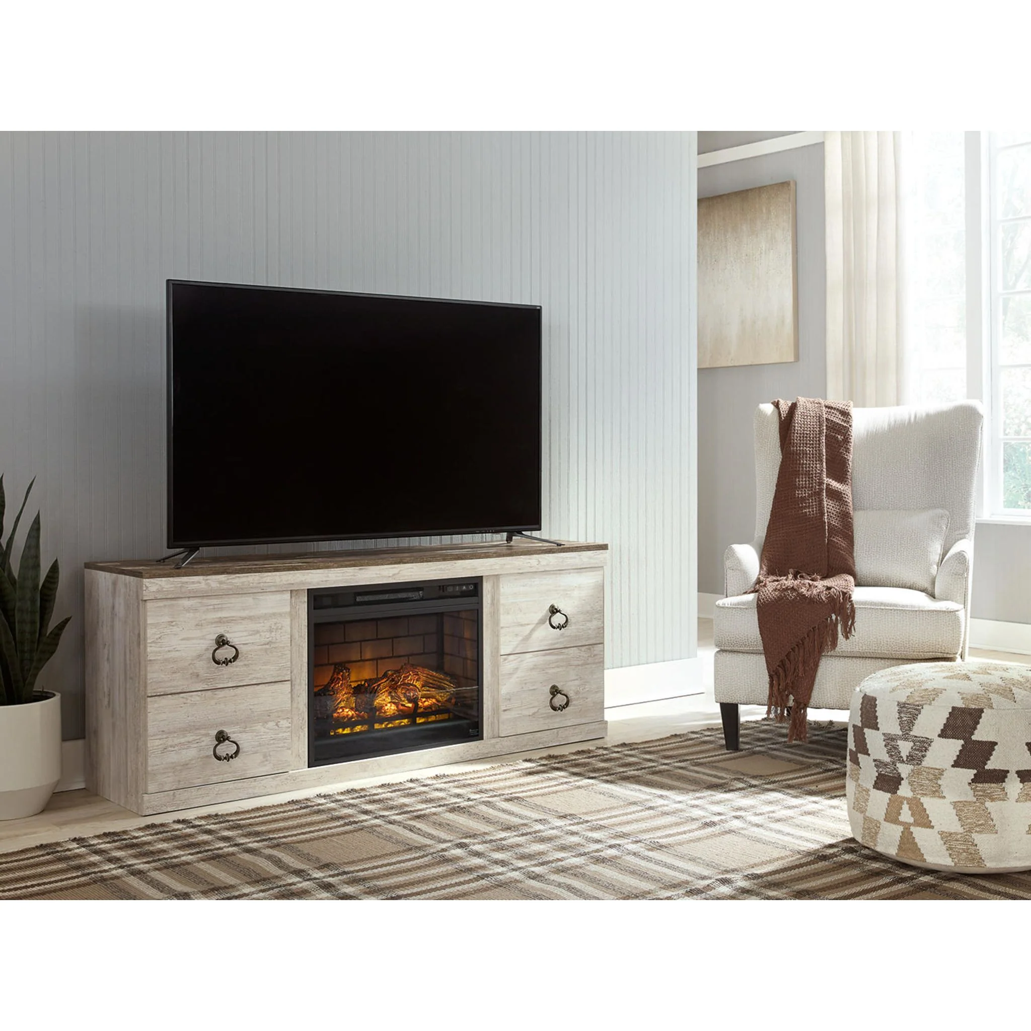 Willowton TV Stand with Fireplace - Whitewash - Image 4